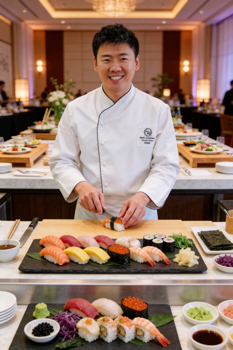 Chef Patrick preparing premium sushi nigiri at an elegant New York City catering event
