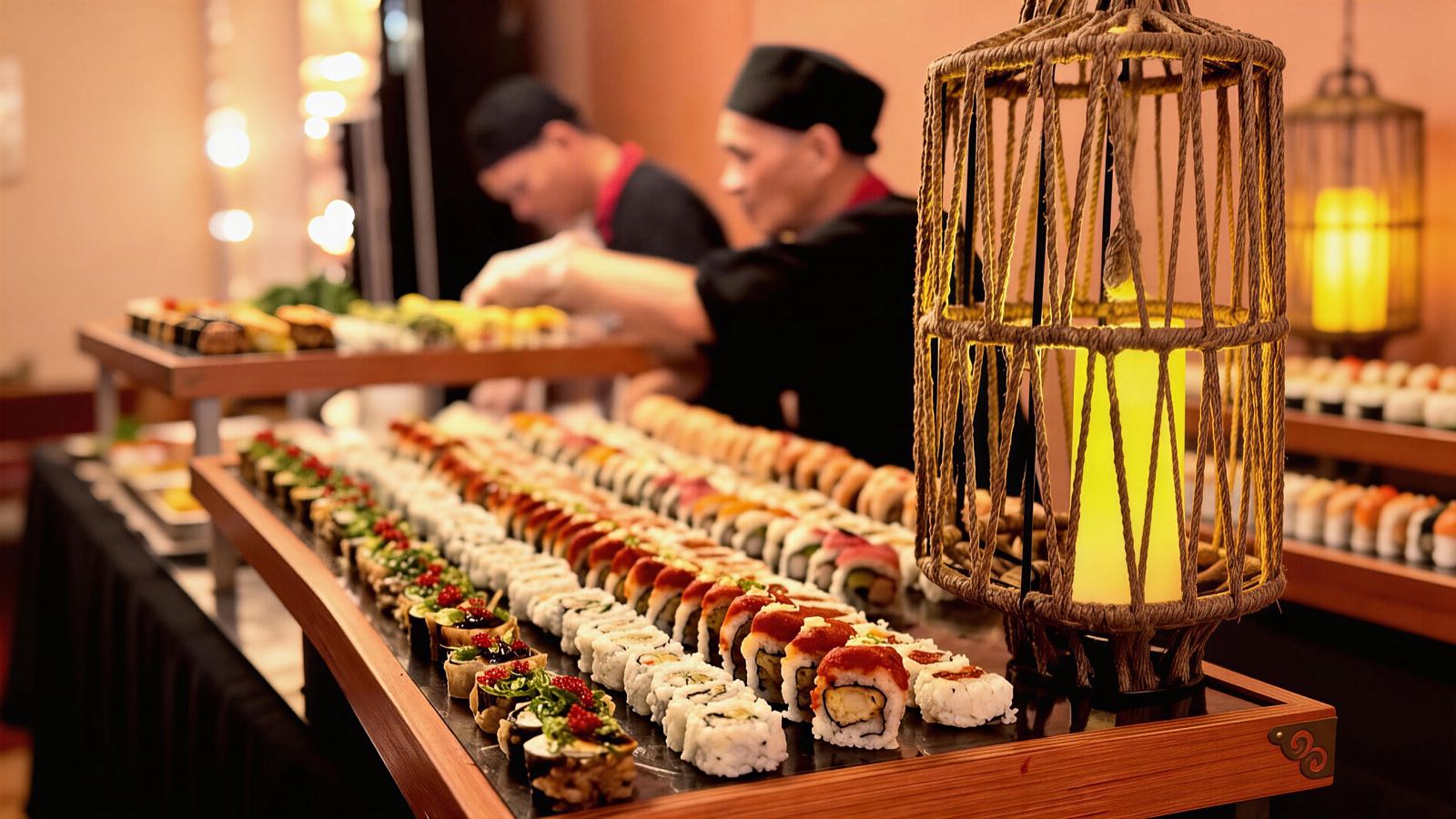 Premium sushi catering spread at an elegant New York City event featuring assorted nigiri and specialty rolls