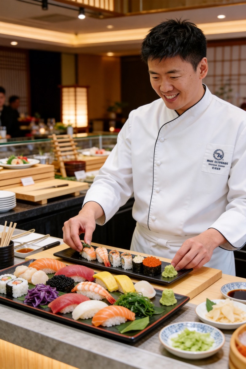 Chef Patrick smiling while plating premium sushi at an elegant New York City catering event