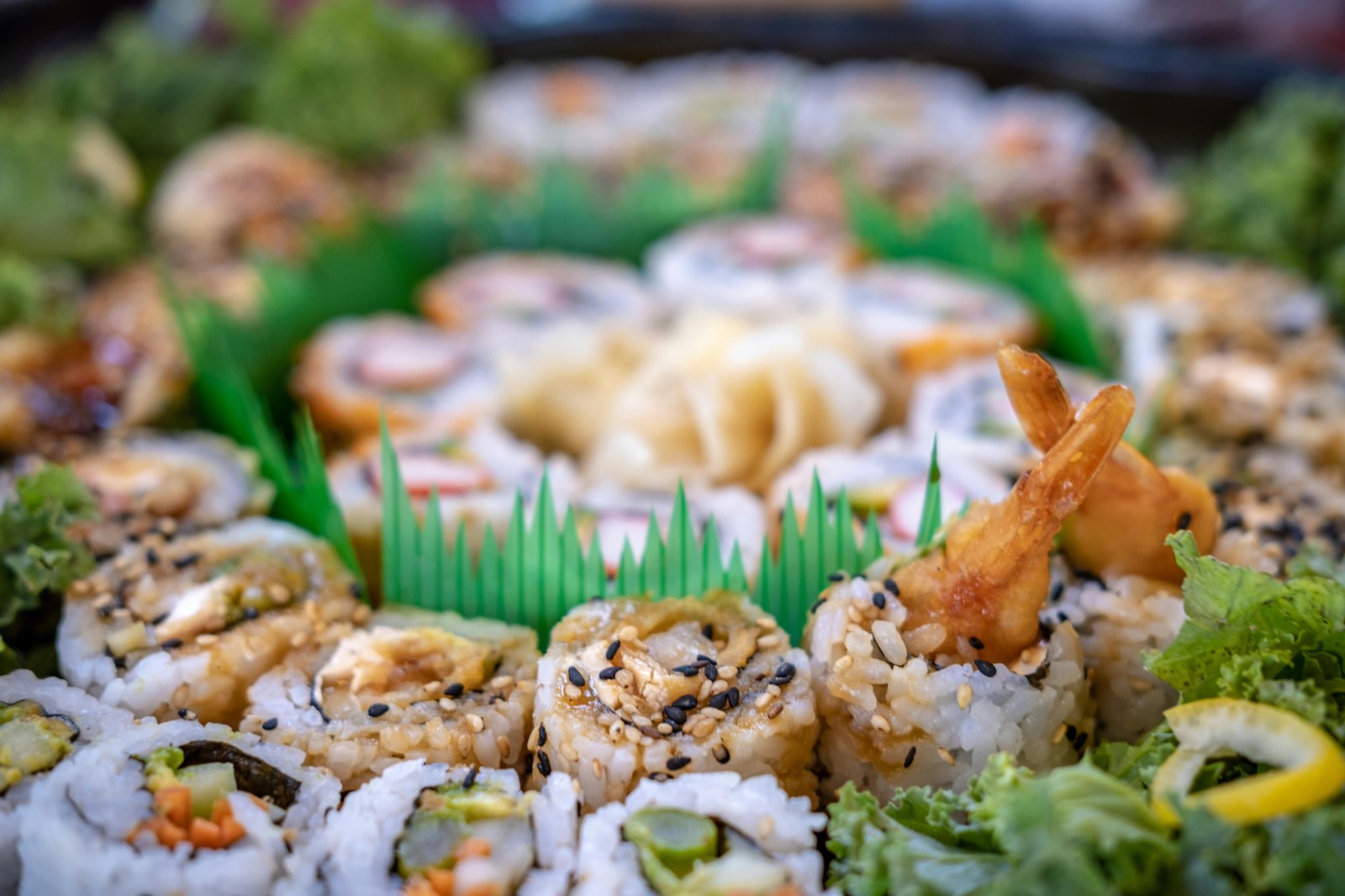 Close-up of premium sushi rolls prepared for drop-off catering delivery in New York City
